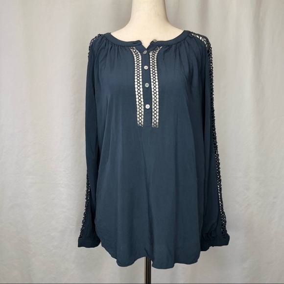 LOFT rayon Henley blouse with open lace panels on front and sleeves slate XS - Picture 1 of 8